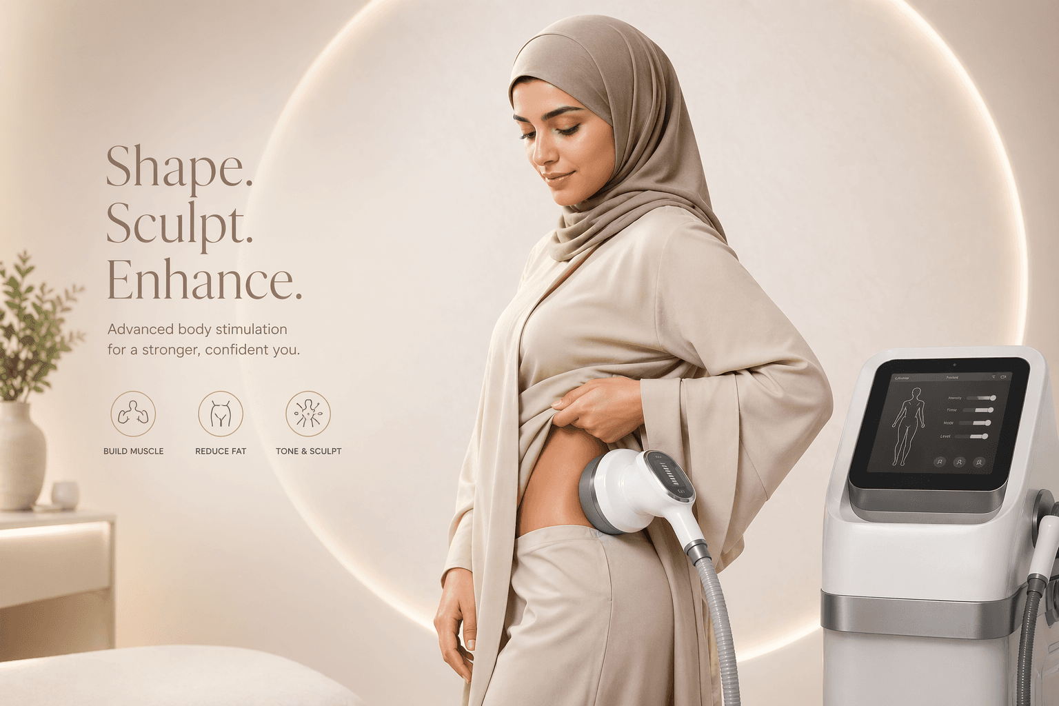 جلسة نحت الجسم بتقنية التحفيز العضلي الكهرومغناطيسي